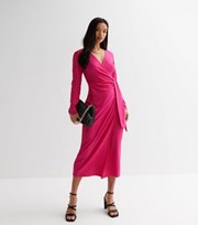 New Look Petite Bright Pink Textured Long Sleeve Midi Wrap Dress